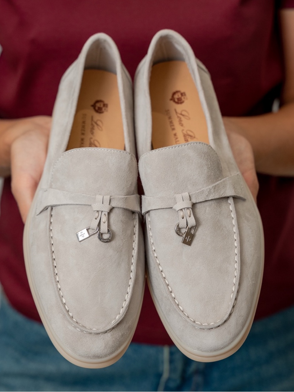 Loro Piana Summer Charms Walk Loafers Suede Luxury Italian Leather Silver Pearl